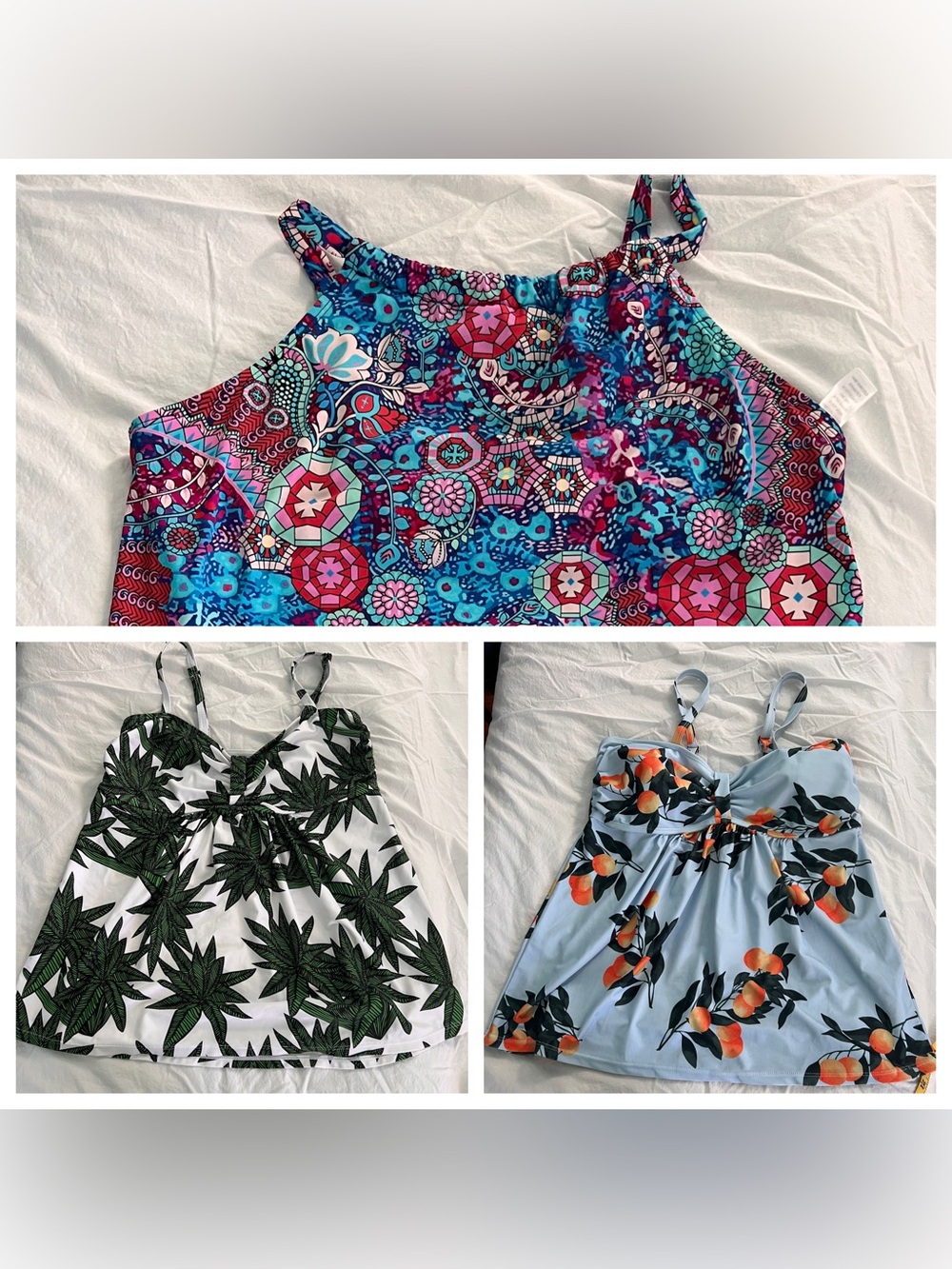 3-Piece Tankini Tops Bundle - Blue Paisley, White Green Leaf, Light Blue Orange